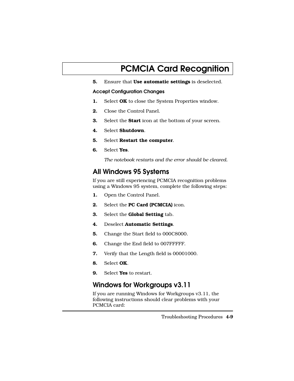 All windows 95 systems, Windows for workgroups v3.11, Pcmcia card recognition | Texas Instruments Adpater User Manual | Page 32 / 37