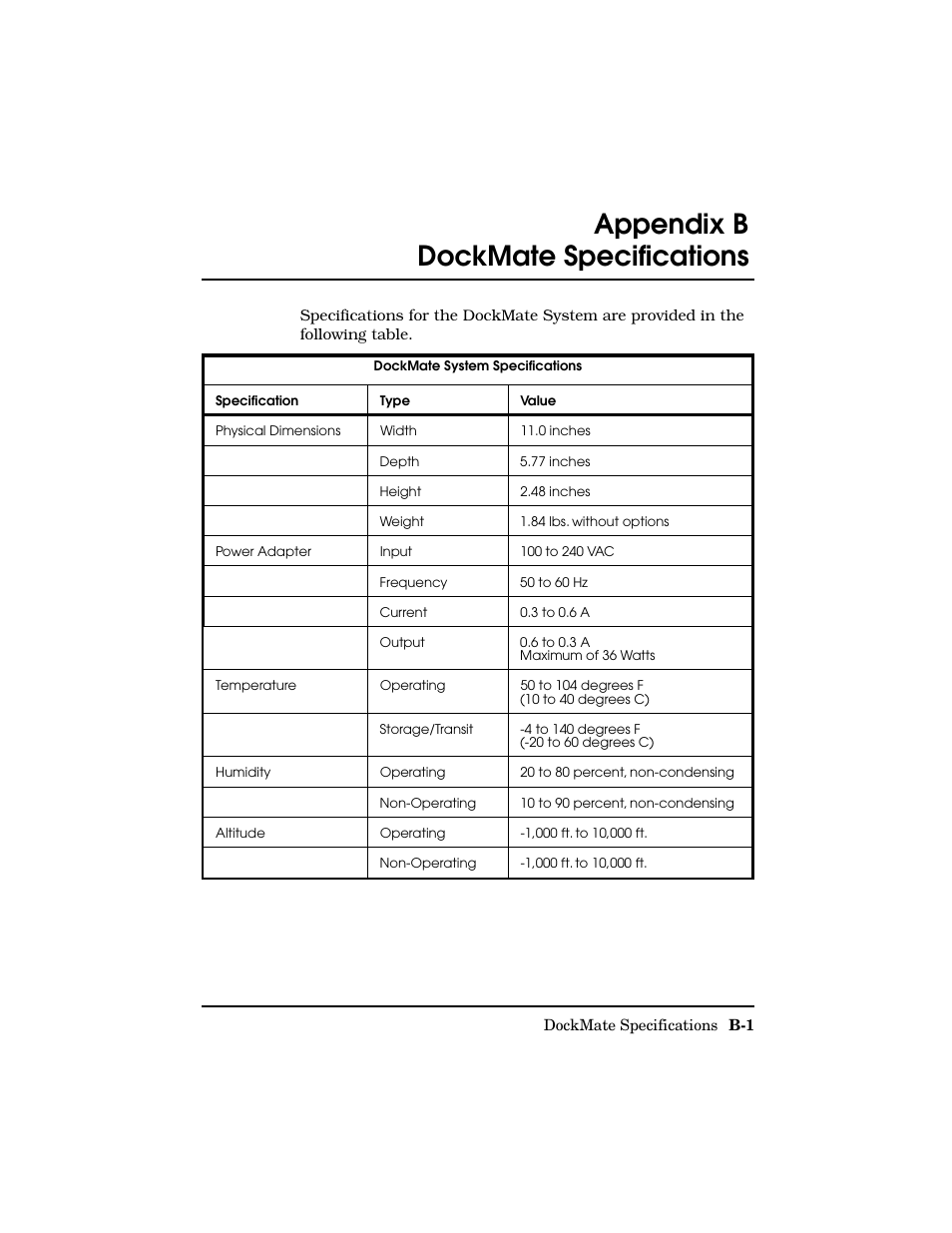 Dockmate specifications, Appendix b dockmate specifications | Texas Instruments Adpater User Manual | Page 35 / 37