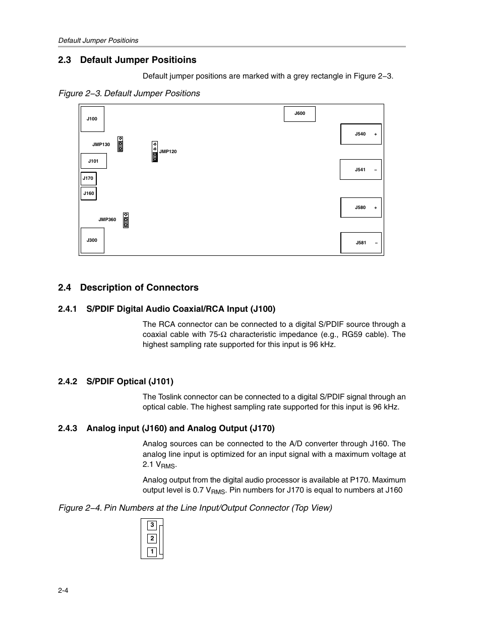 3 default jumper positioins, 4 description of connectors, Figure 2−3. default jumper positions | 1 s/pdif digital audio coaxial/rca input (j100), 2 s/pdif optical (j101) | Texas Instruments SLEU056 User Manual | Page 16 / 26