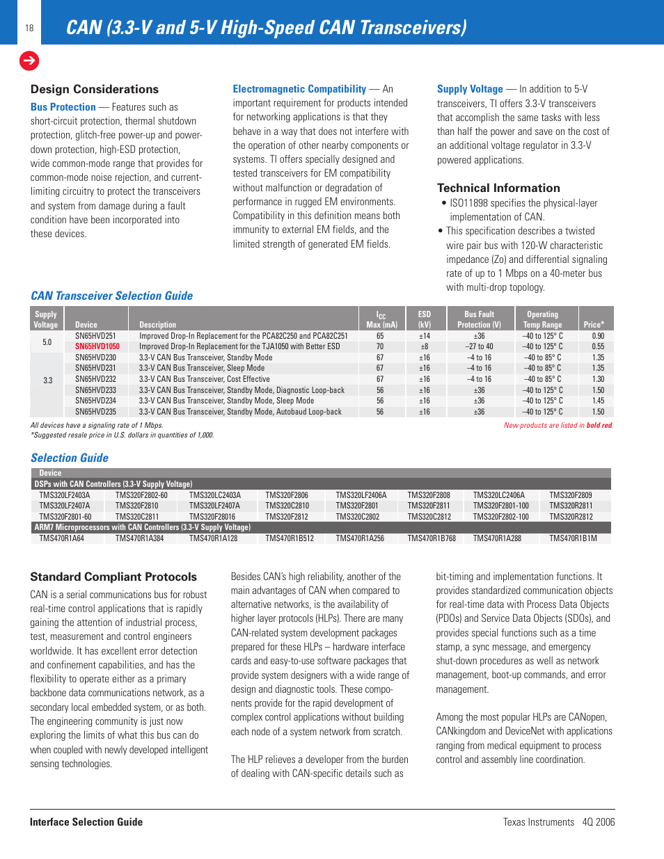Can (3.3-v and 5-v high-speed can transceivers), Design considerations, Can transceiver selection guide | Technical information, Selection guide standard compliant protocols | Texas Instruments TECHNOLOGY FOR INNOVATORS 4Q 2006 User Manual | Page 18 / 49