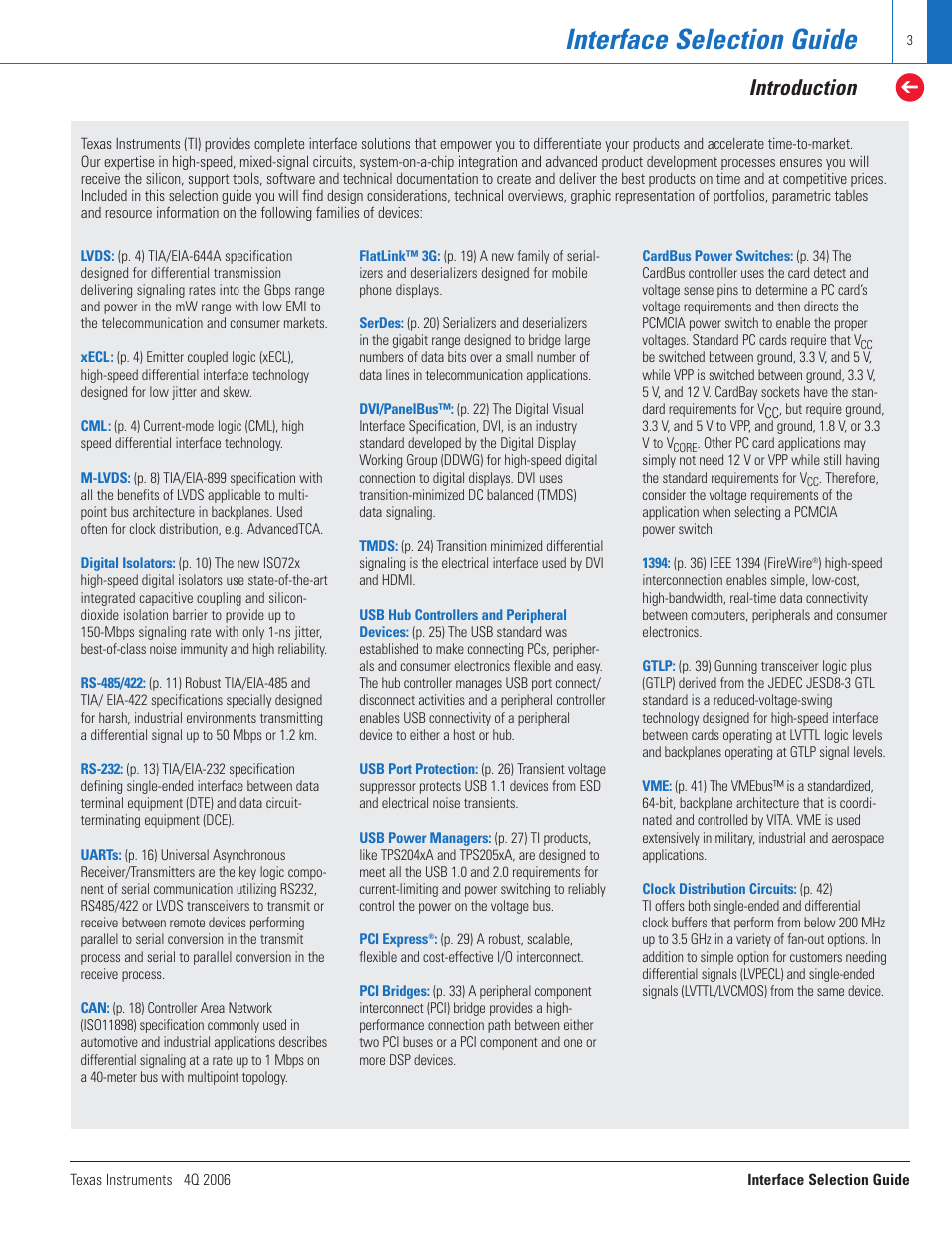 Interface selection guide, Introduction | Texas Instruments TECHNOLOGY FOR INNOVATORS 4Q 2006 User Manual | Page 3 / 49