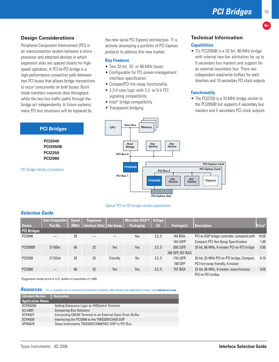 Pci bridges, Design considerations, Technical information | Resources, Selection guide | Texas Instruments TECHNOLOGY FOR INNOVATORS 4Q 2006 User Manual | Page 33 / 49