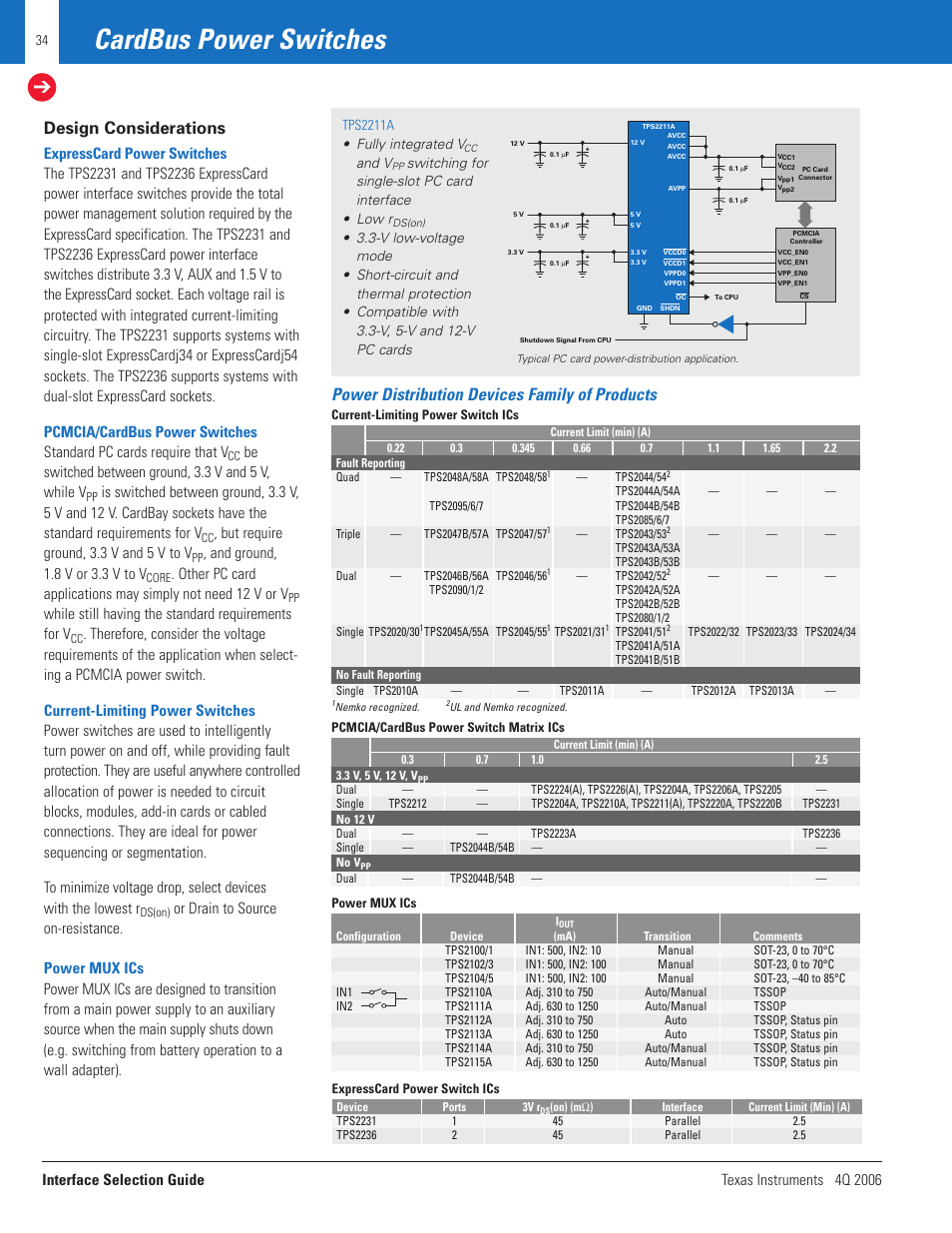 Cardbus power switches, Design considerations, Power distribution devices family of products | Be switched between ground, 3.3 v and 5 v, while v, But require ground, 3.3 v and 5 v to v, And ground, 1.8 v or 3.3 v to v, While still having the standard requirements for v | Texas Instruments TECHNOLOGY FOR INNOVATORS 4Q 2006 User Manual | Page 34 / 49