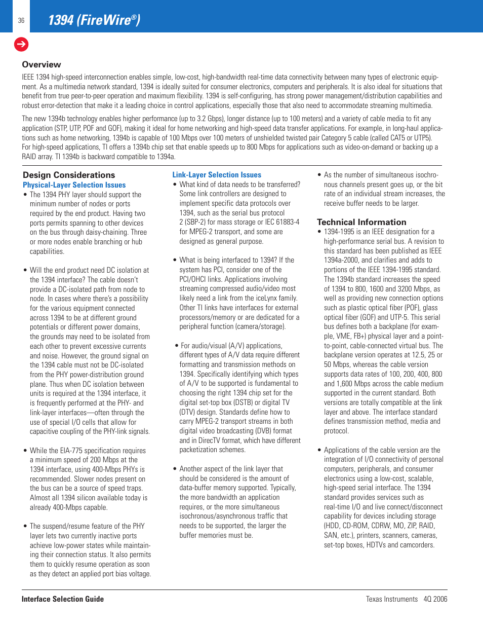 1394 (firewire | Texas Instruments TECHNOLOGY FOR INNOVATORS 4Q 2006 User Manual | Page 36 / 49