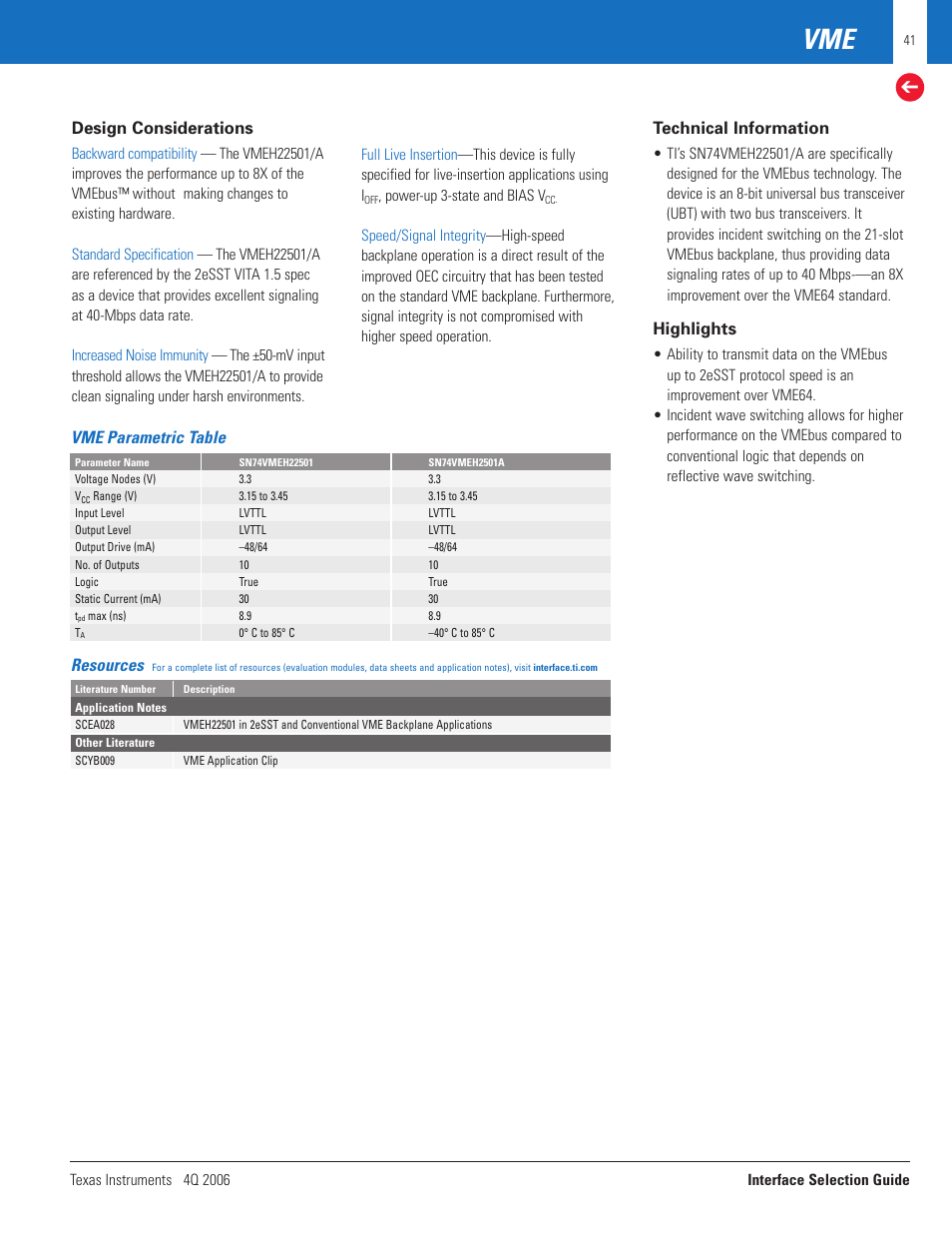 Vme parametric table design considerations, Technical information, Highlights | Resources | Texas Instruments TECHNOLOGY FOR INNOVATORS 4Q 2006 User Manual | Page 41 / 49