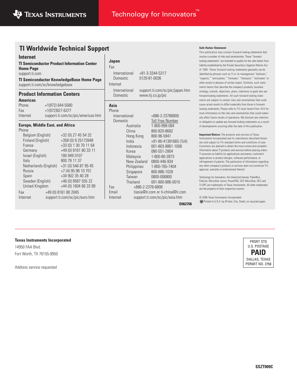 Paid, Ti worldwide technical support, Technology for innovators | Internet, Product information centers | Texas Instruments TECHNOLOGY FOR INNOVATORS 4Q 2006 User Manual | Page 48 / 49