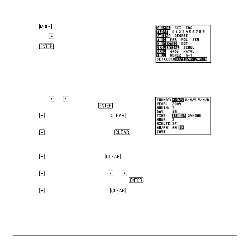 Displaying the clock settings, Changing the clock settings | Texas Instruments TI-84 User Manual | Page 15 / 696