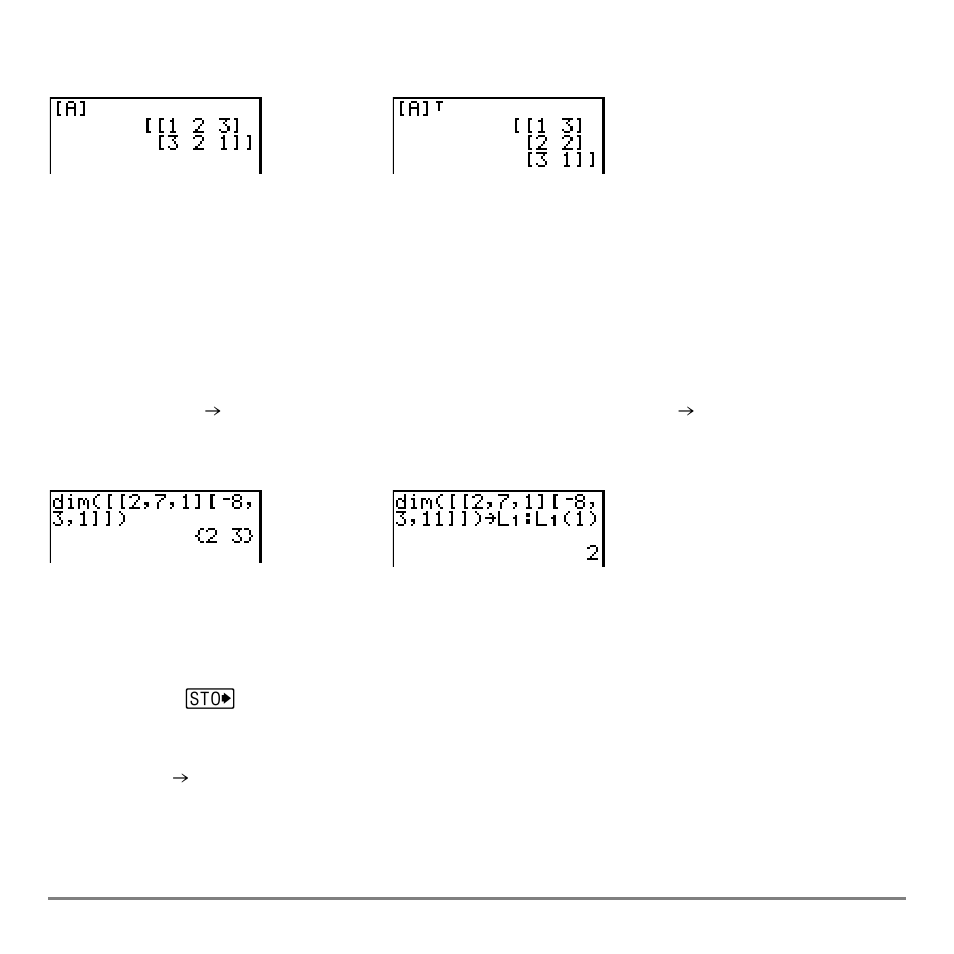 Accessing matrix dimensions with dim, Creating a matrix with dim | Texas Instruments TI-84 User Manual | Page 241 / 696