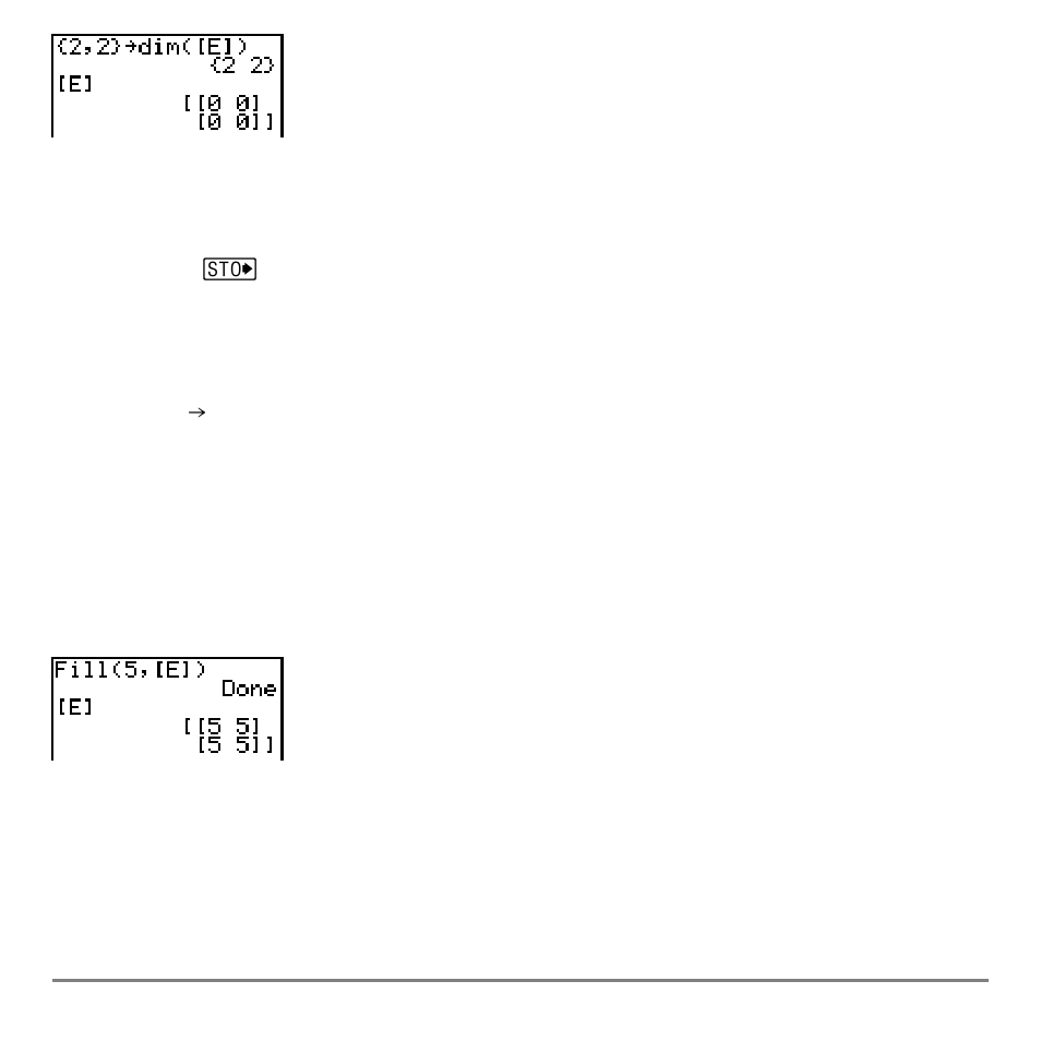 Redimensioning a matrix with dim, Fill, Identity | Texas Instruments TI-84 User Manual | Page 242 / 696