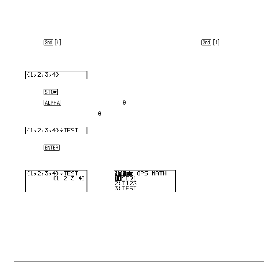 Creating a list name on the home screen | Texas Instruments TI-84 User Manual | Page 251 / 696