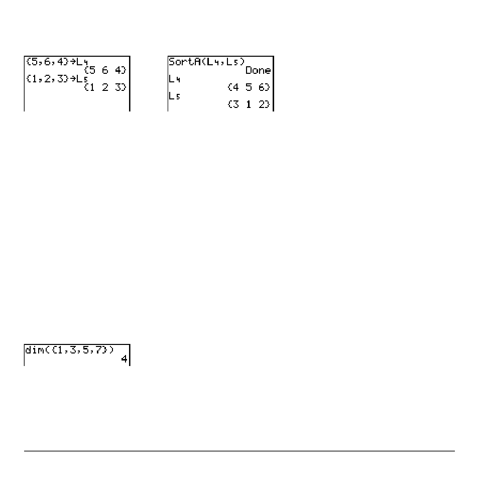 Using dim( to find list dimensions | Texas Instruments TI-84 User Manual | Page 263 / 696