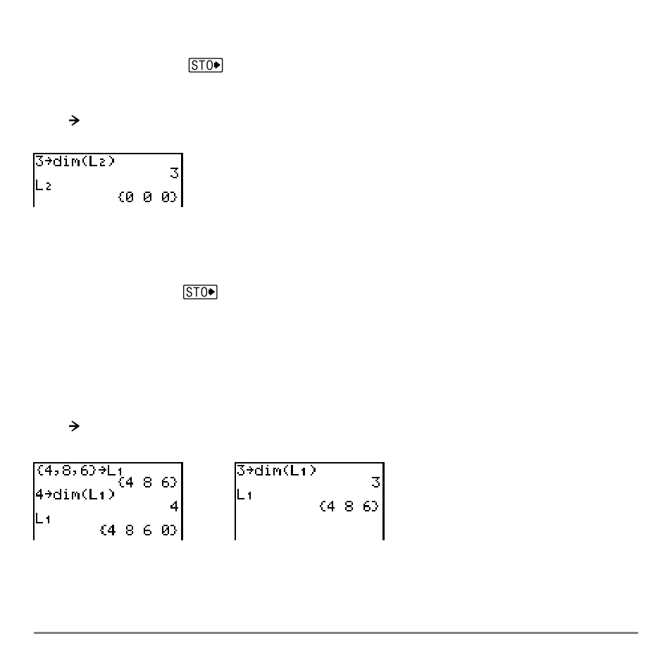 Using dim( to create a list, Using dim( to redimension a list | Texas Instruments TI-84 User Manual | Page 264 / 696