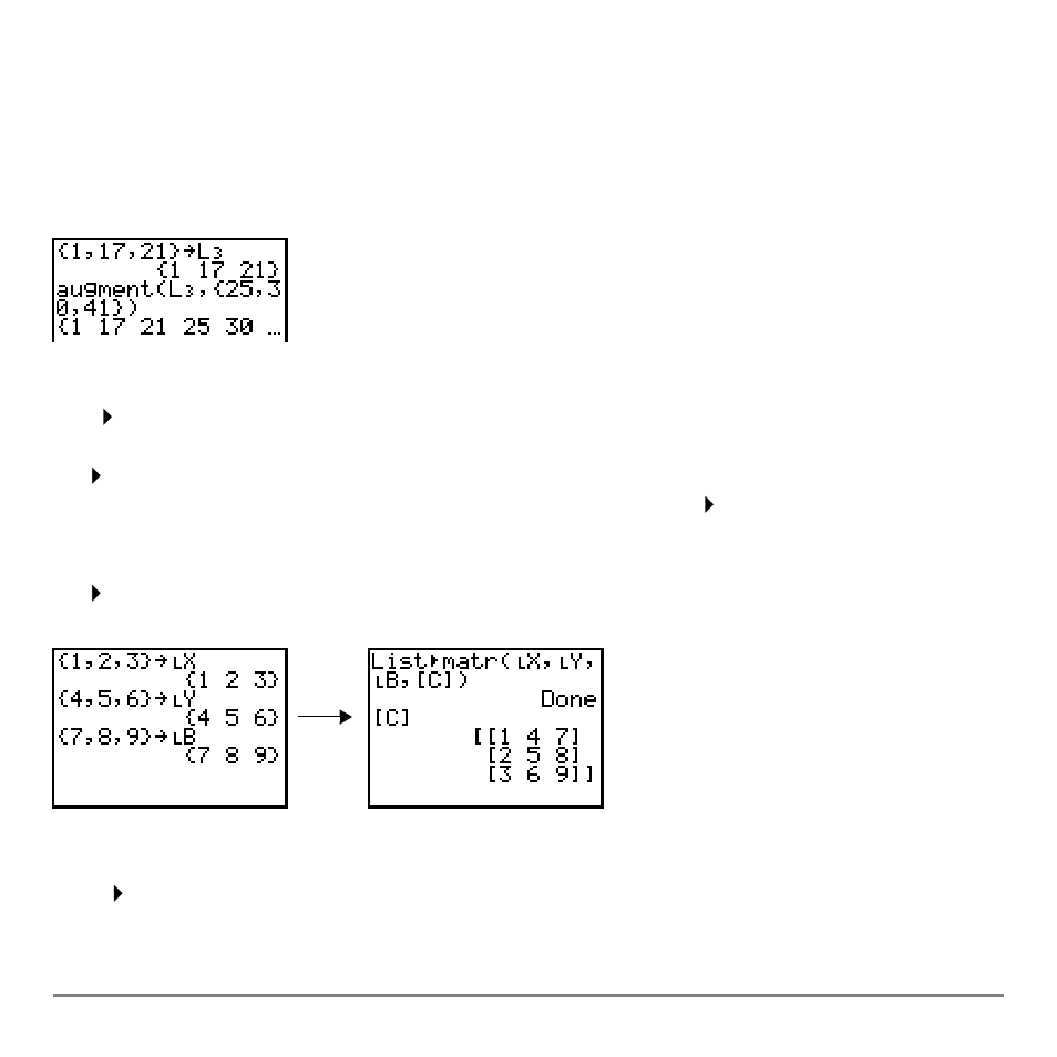 Augment, List4matr, Matr4list | Texas Instruments TI-84 User Manual | Page 270 / 696
