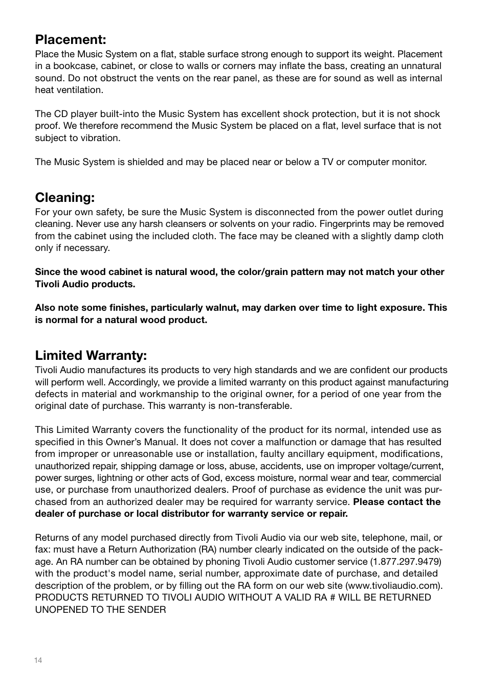 Placement, Cleaning, Limited warranty | Tivoli Audio MSY0906USR2 User Manual | Page 14 / 16