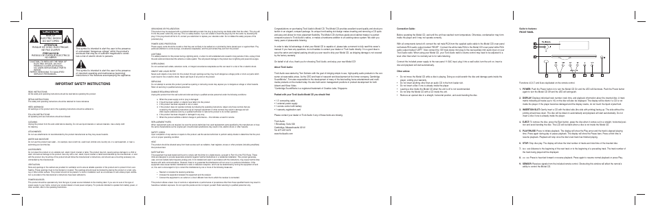 Important safety instructions, Caution | Tivoli Audio CD User Manual | Page 2 / 2