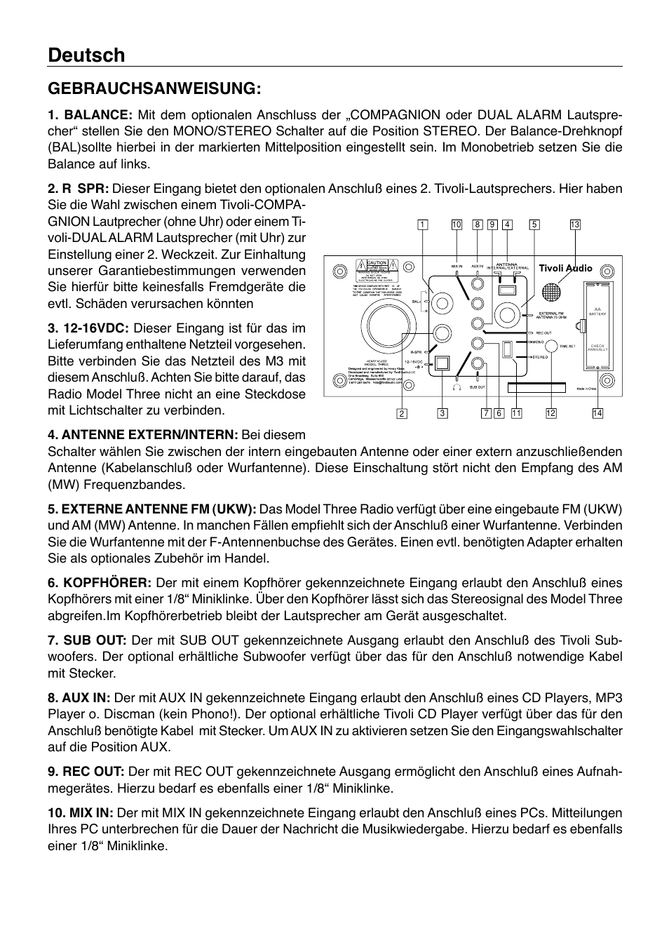 Deutsch, Gebrauchsanweisung | Tivoli Audio Model Three User Manual | Page 12 / 28