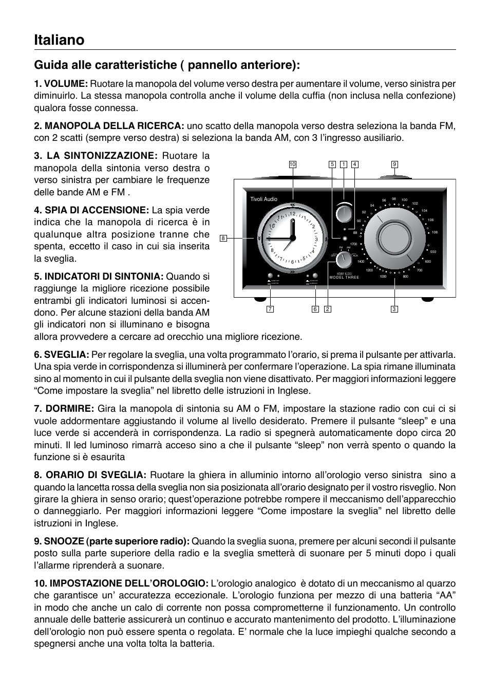 Italiano, Guida alle caratteristiche ( pannello anteriore) | Tivoli Audio Model Three User Manual | Page 14 / 28