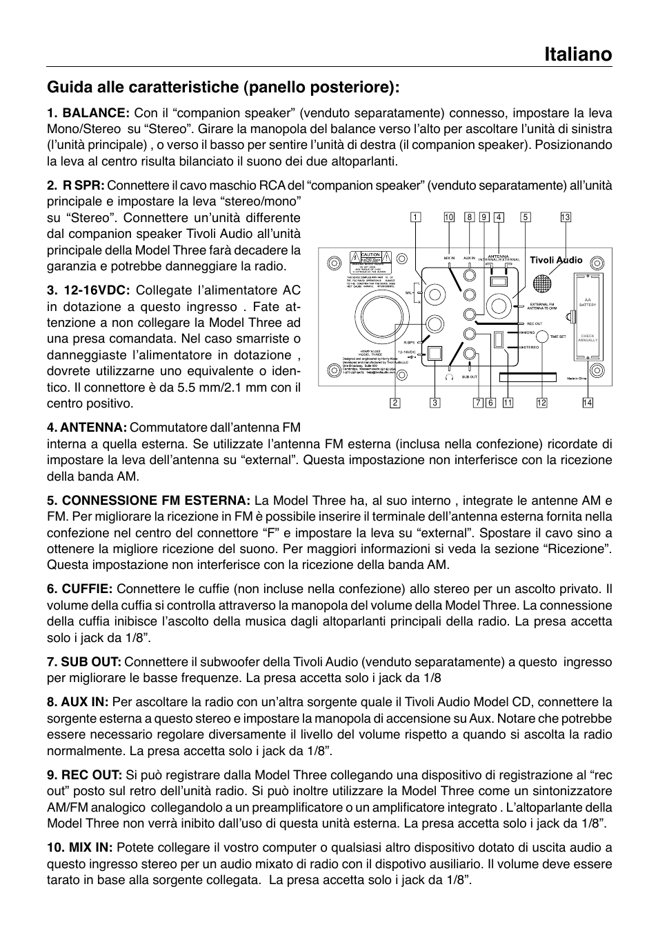 Italiano, Guida alle caratteristiche (panello posteriore) | Tivoli Audio Model Three User Manual | Page 15 / 28