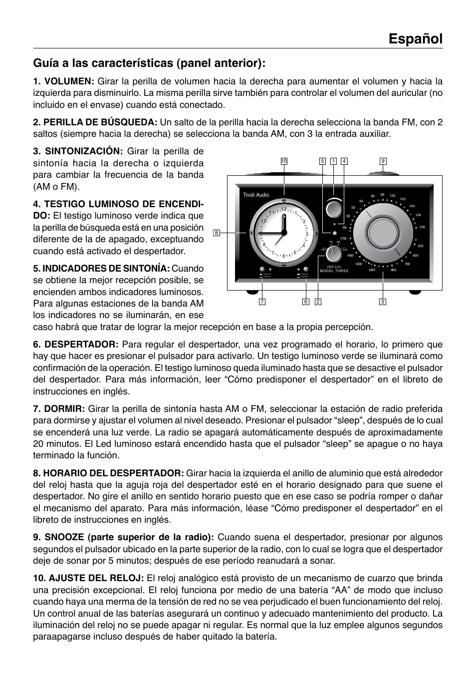 Español, Guía a las características (panel anterior) | Tivoli Audio Model Three User Manual | Page 17 / 28