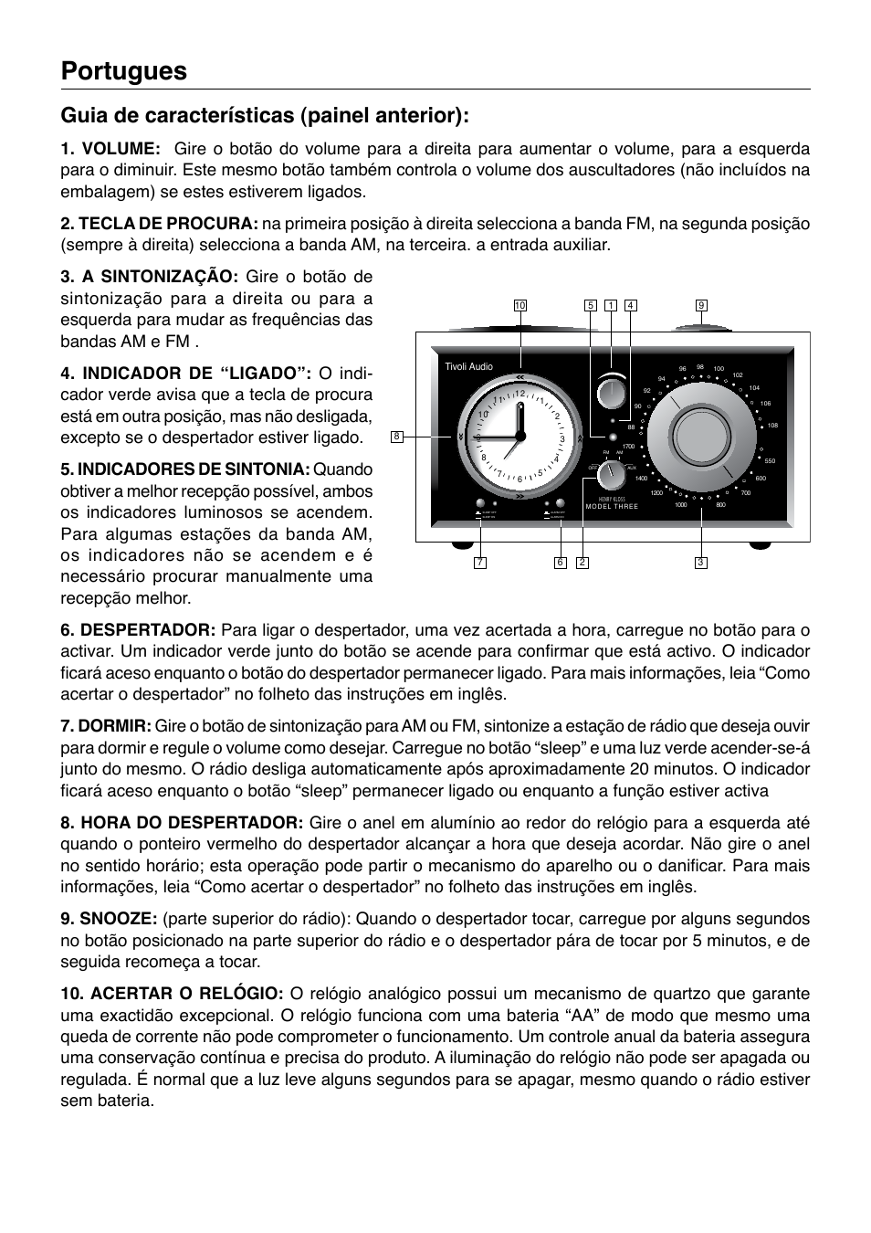 Portugues, Guia de características (painel anterior) | Tivoli Audio Model Three User Manual | Page 20 / 28