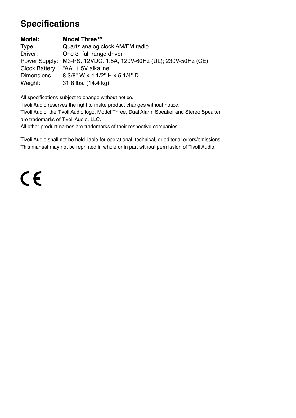 Specifications | Tivoli Audio Model Three User Manual | Page 26 / 28