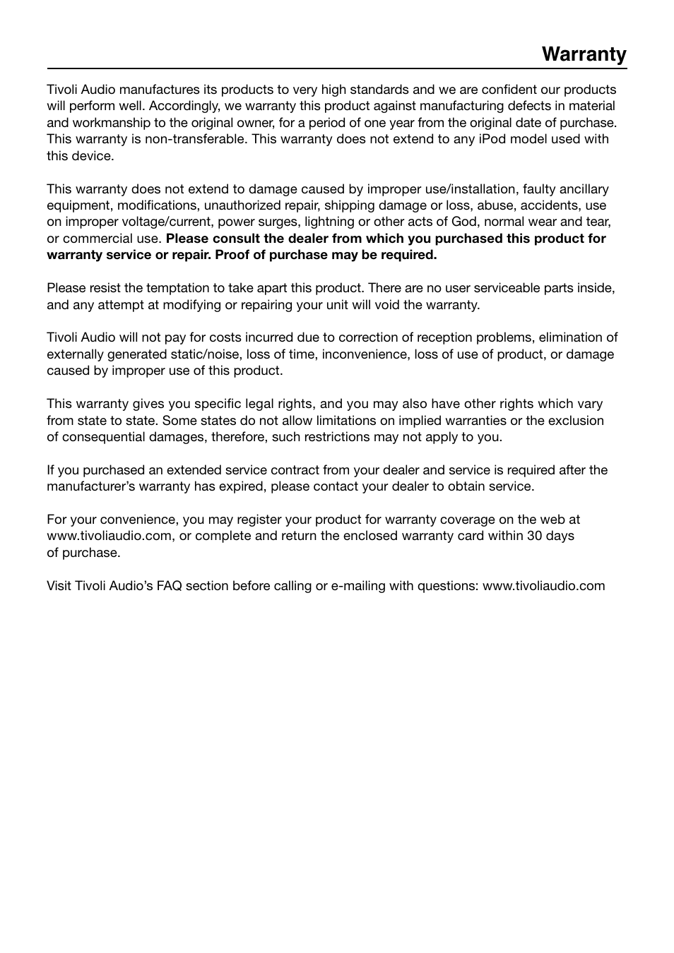 Warranty | Tivoli Audio Model Three User Manual | Page 27 / 28