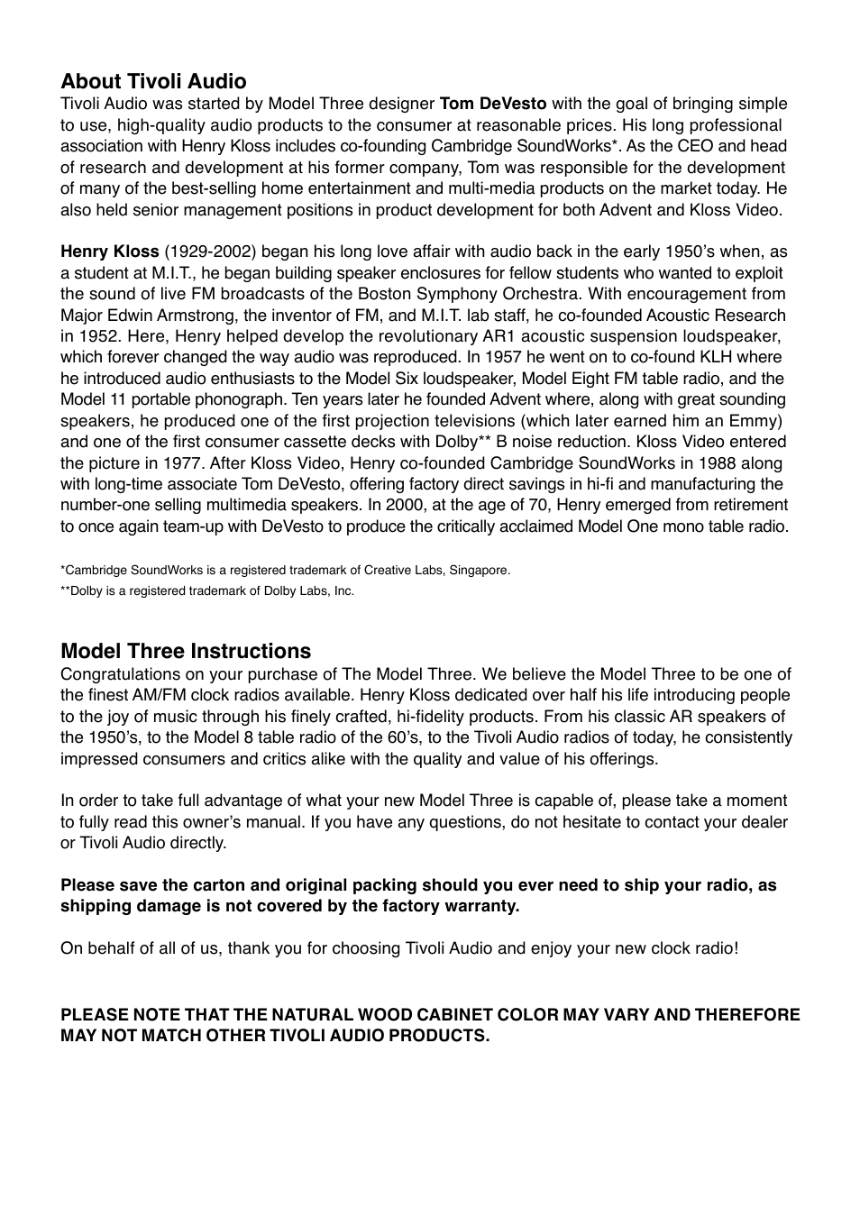 About tivoli audio, Model three instructions | Tivoli Audio Model Three User Manual | Page 3 / 28