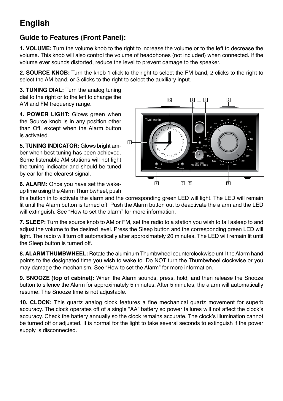 English, Guide to features (front panel) | Tivoli Audio Model Three User Manual | Page 4 / 28