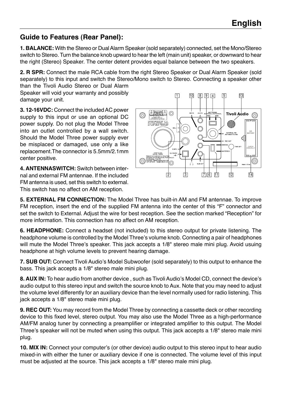 English, Guide to features (rear panel) | Tivoli Audio Model Three User Manual | Page 5 / 28