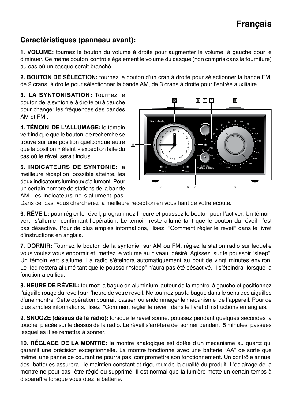 Français, Caractéristiques (panneau avant) | Tivoli Audio Model Three User Manual | Page 7 / 28