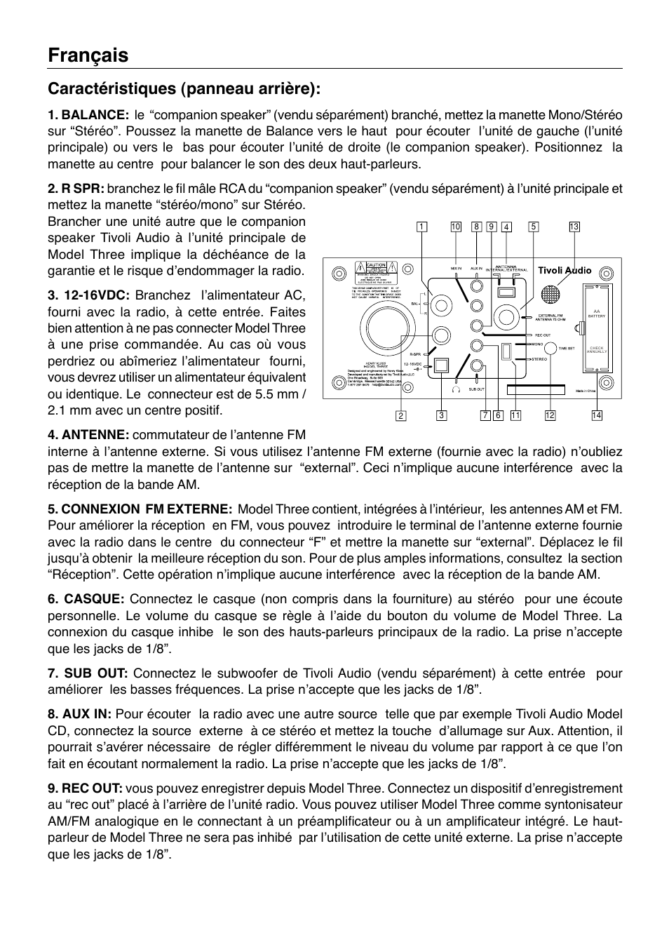 Français, Caractéristiques (panneau arrière) | Tivoli Audio Model Three User Manual | Page 8 / 28