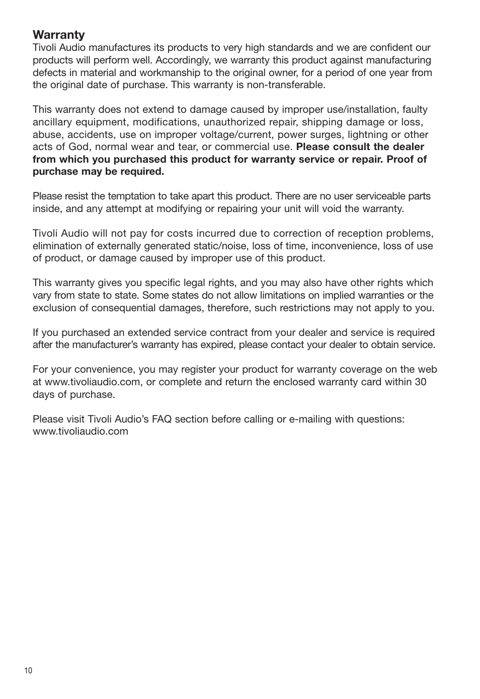 Warranty | Tivoli Audio Dual Alarm Speaker User Manual | Page 10 / 12