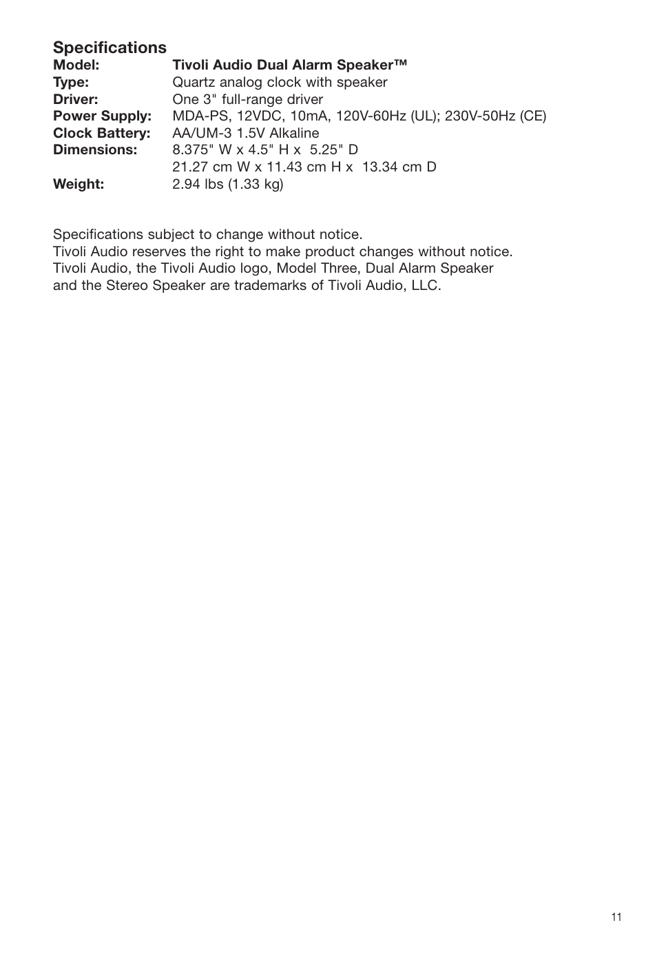 Specifications | Tivoli Audio Dual Alarm Speaker User Manual | Page 11 / 12