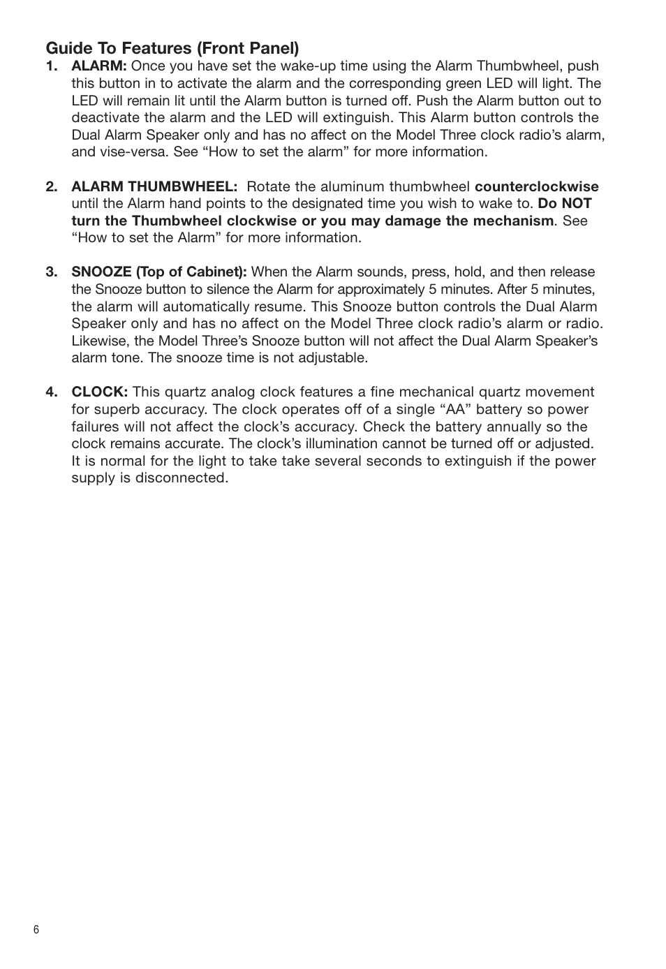 Guide to features (front panel) | Tivoli Audio Dual Alarm Speaker User Manual | Page 6 / 12