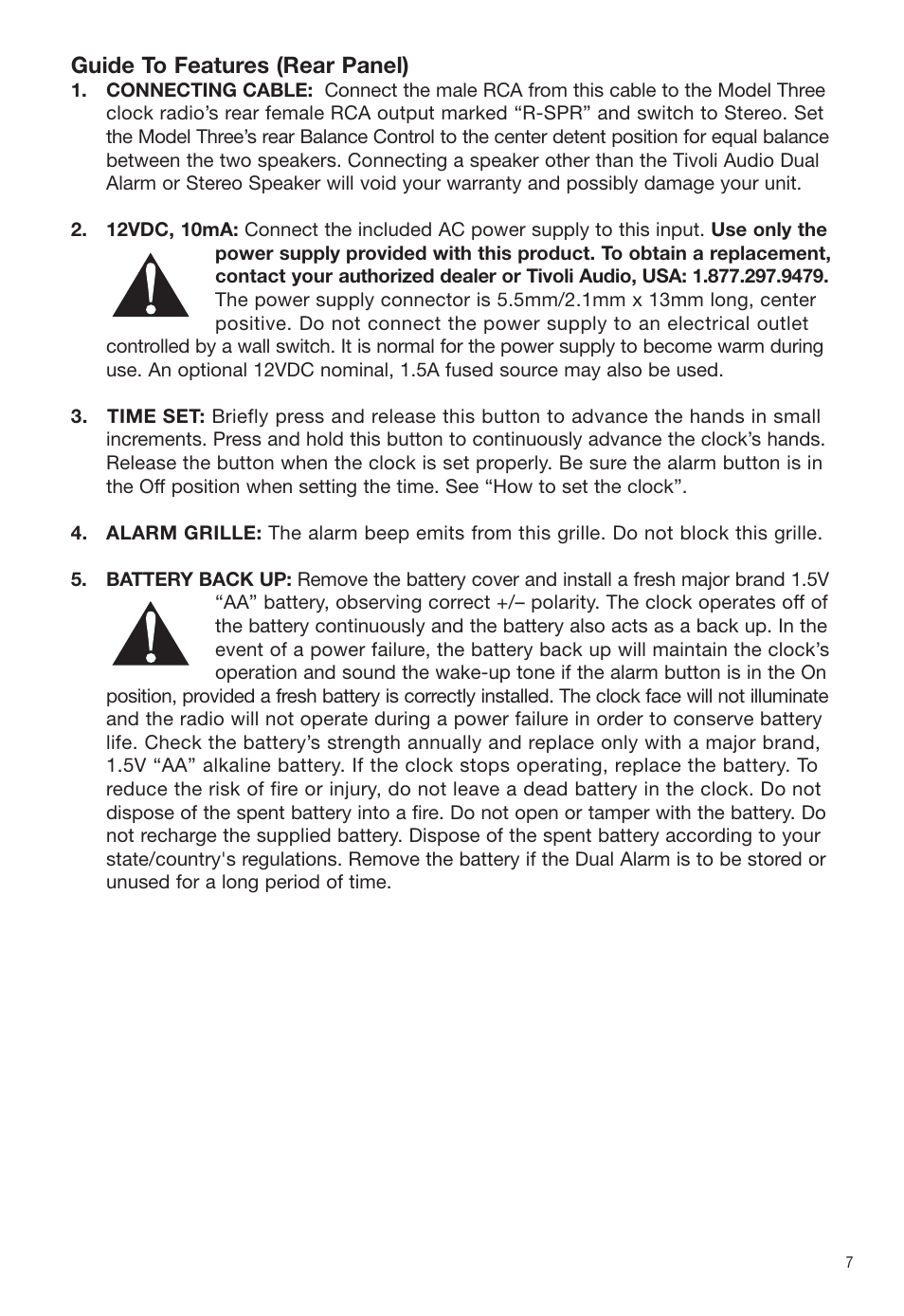 Guide to features (rear panel) | Tivoli Audio Dual Alarm Speaker User Manual | Page 7 / 12