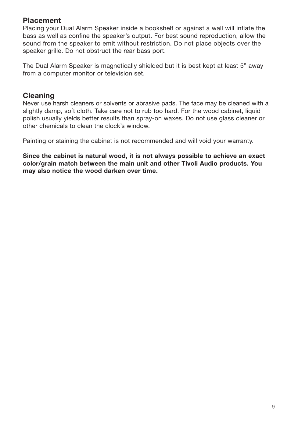 Placement, Cleaning | Tivoli Audio Dual Alarm Speaker User Manual | Page 9 / 12