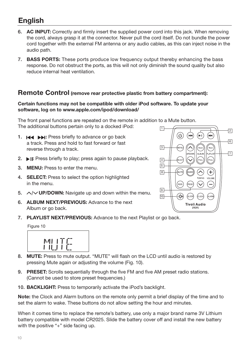 English, Remote control | Tivoli Audio iYiYi Sound System User Manual | Page 10 / 56