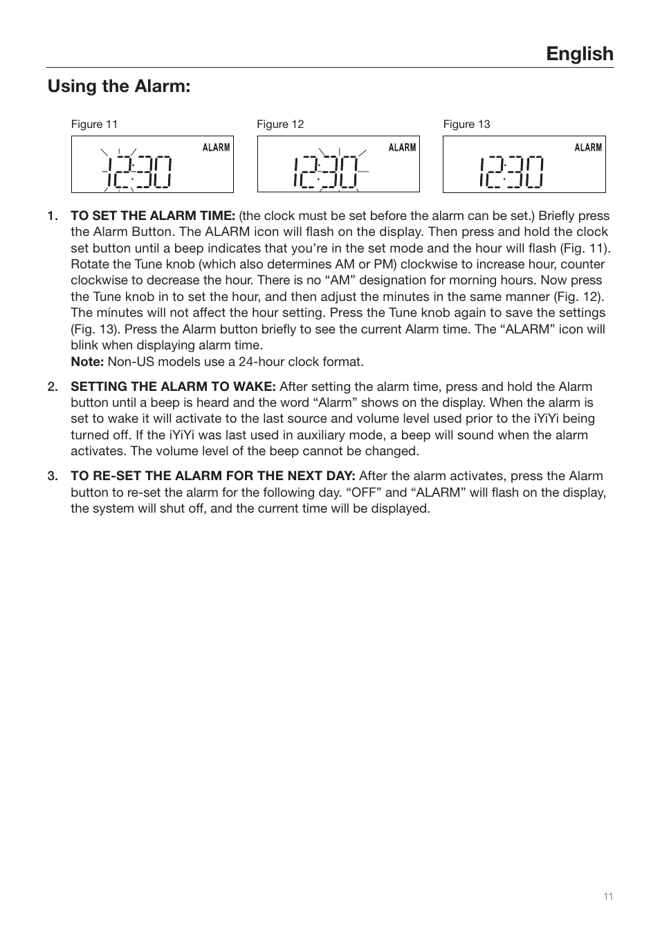 English, Using the alarm | Tivoli Audio iYiYi Sound System User Manual | Page 11 / 56