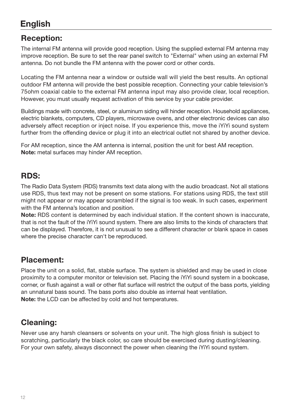 English, Reception, Placement | Cleaning | Tivoli Audio iYiYi Sound System User Manual | Page 12 / 56