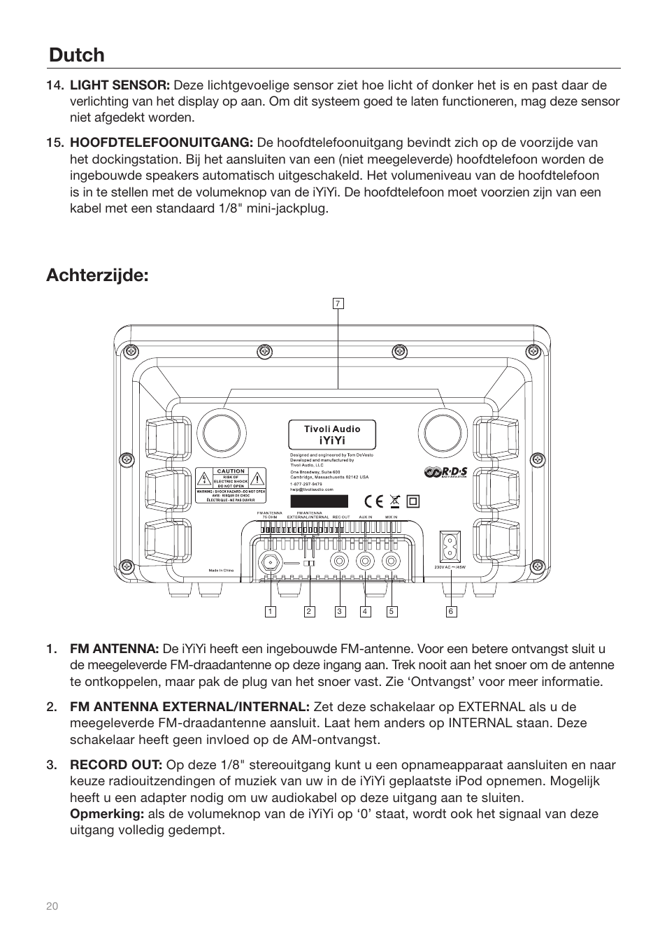 Dutch, Achterzijde | Tivoli Audio iYiYi Sound System User Manual | Page 20 / 56