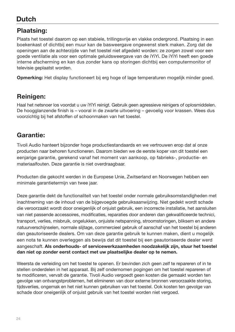 Dutch, Plaatsing, Reinigen | Garantie | Tivoli Audio iYiYi Sound System User Manual | Page 24 / 56