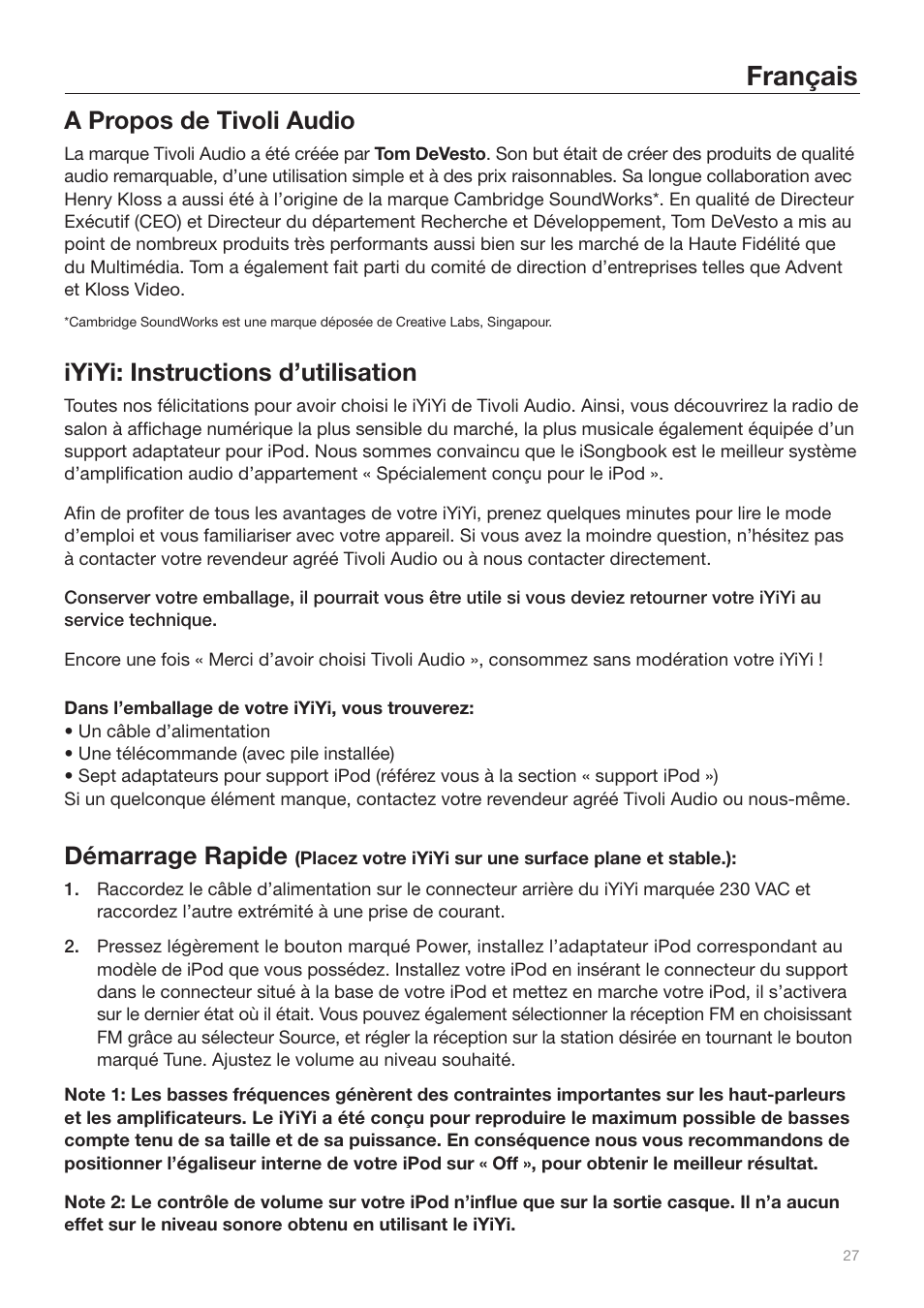 Français, A propos de tivoli audio, Iyiyi: instructions d’utilisation | Démarrage rapide | Tivoli Audio iYiYi Sound System User Manual | Page 27 / 56