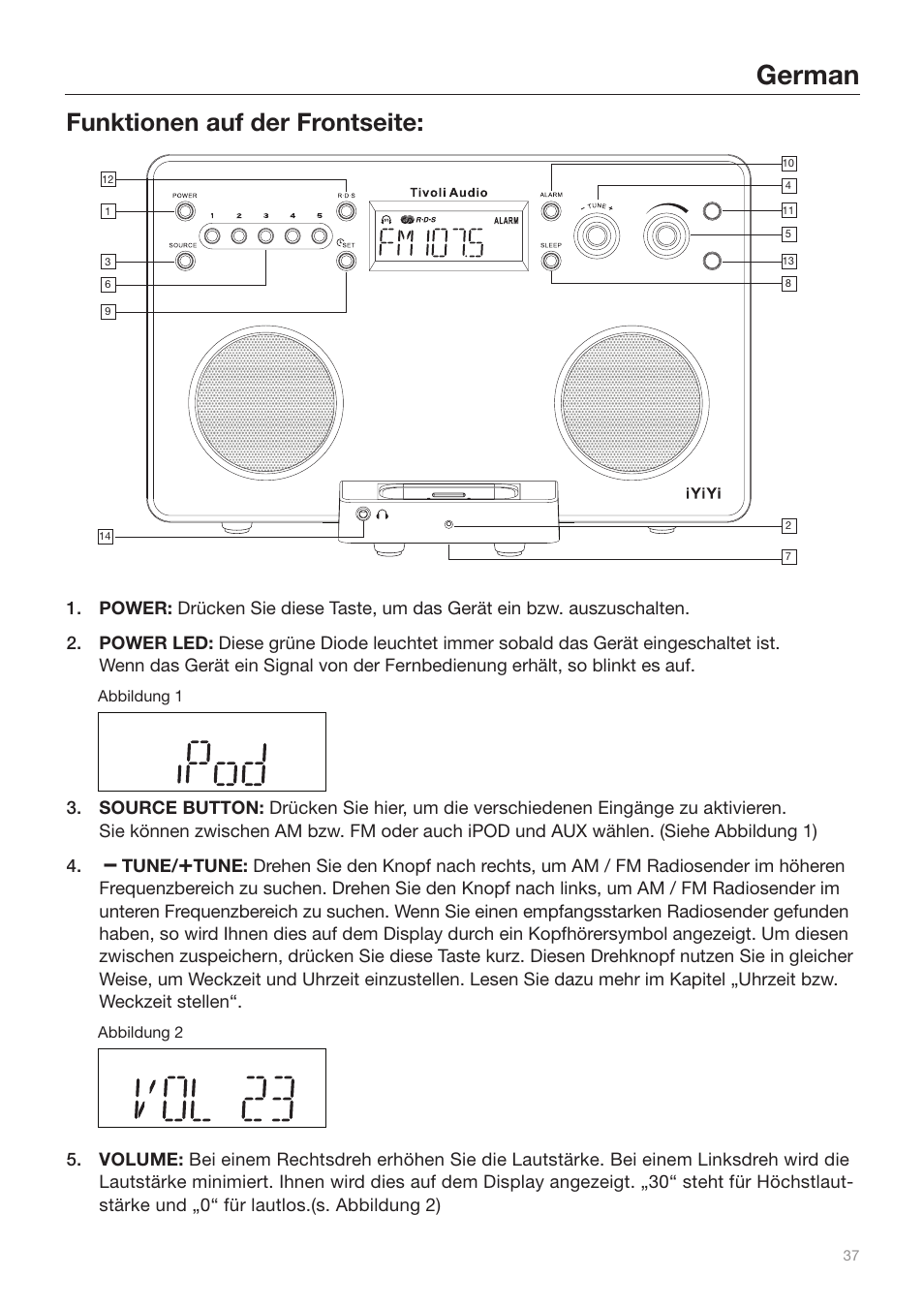 German, Funktionen auf der frontseite | Tivoli Audio iYiYi Sound System User Manual | Page 37 / 56