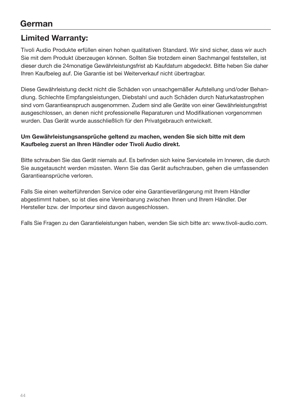 German, Limited warranty | Tivoli Audio iYiYi Sound System User Manual | Page 44 / 56