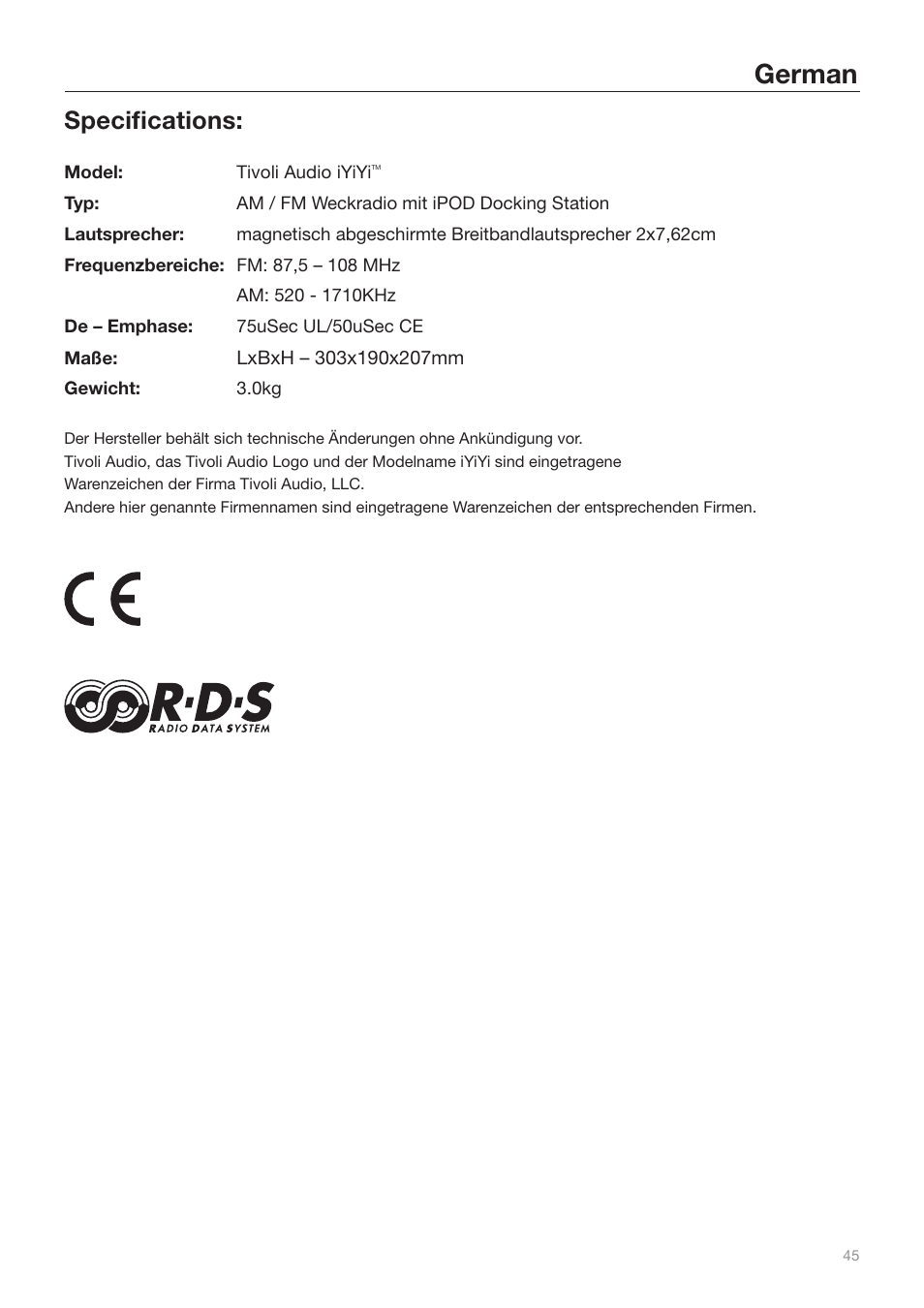 German, Specifications | Tivoli Audio iYiYi Sound System User Manual | Page 45 / 56