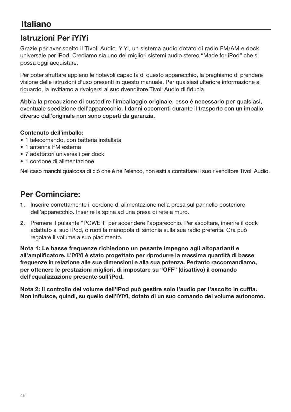 Italiano, Istruzioni per iyiyi, Per cominciare | Tivoli Audio iYiYi Sound System User Manual | Page 46 / 56
