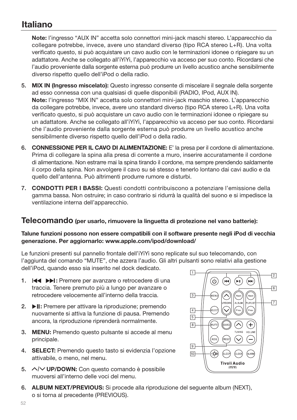 Italiano, Telecomando | Tivoli Audio iYiYi Sound System User Manual | Page 52 / 56