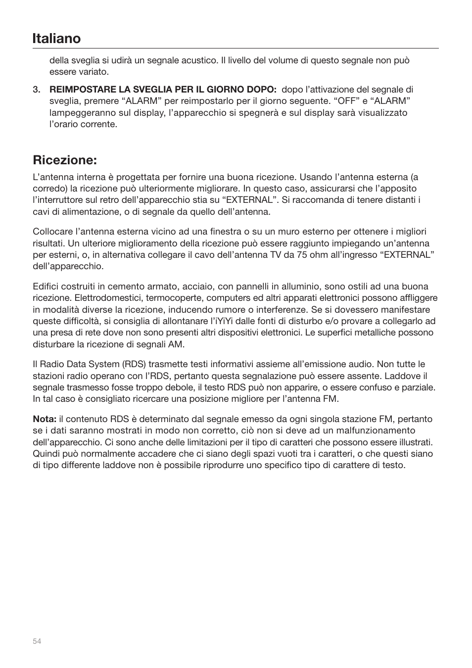 Italiano, Ricezione | Tivoli Audio iYiYi Sound System User Manual | Page 54 / 56