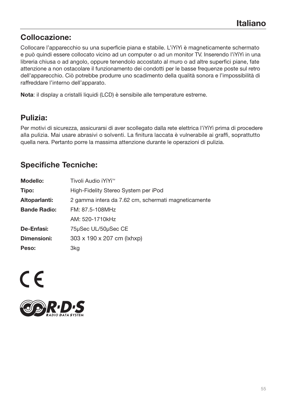 Italiano, Collocazione, Pulizia | Specifiche tecniche | Tivoli Audio iYiYi Sound System User Manual | Page 55 / 56