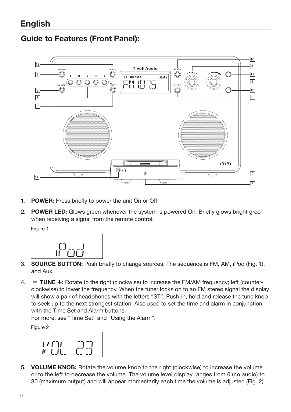 English, Guide to features (front panel) | Tivoli Audio iYiYi Sound System User Manual | Page 6 / 56